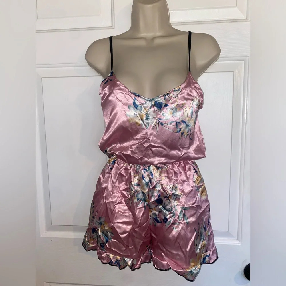 Sexy Pink Floral Silk Cami Night Gown Pajama Shorts Set